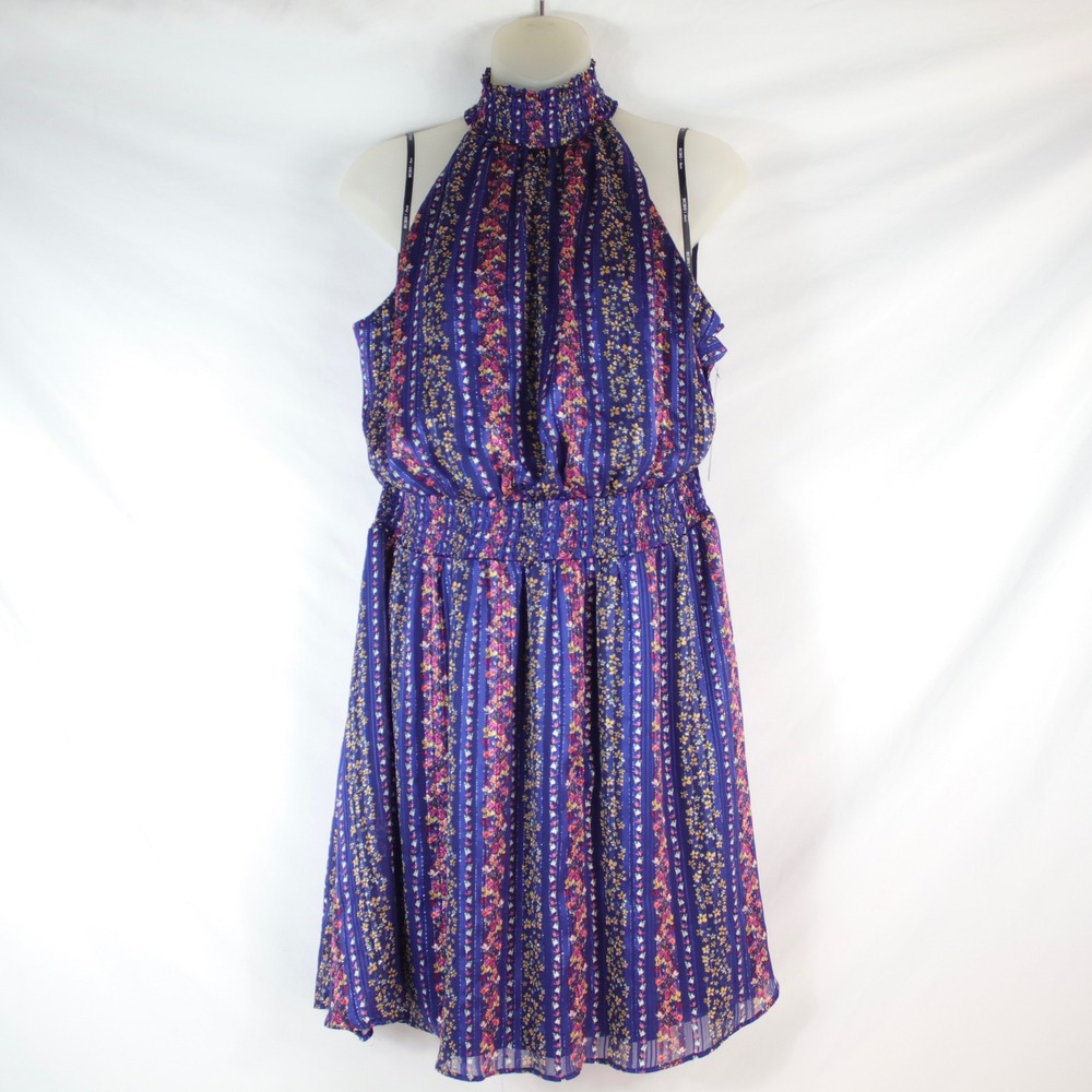 BCBG Paris Blue Floral Lurex Smocked Halter Mini Dress Women's Size L - NEW